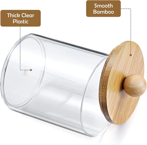4 Pack Qtip Holder Dispenser with Bamboo Lids, 10 oz Clear Plastic Apothecary Jar Containers