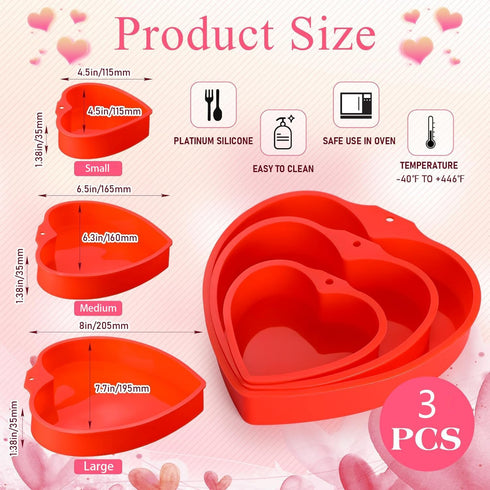 Heart Shaped Cake Pans, 3 Pcs Silicone Molds 4 6 8 Inch, Non-Stick Heart Cake Pans for Valentine's Day