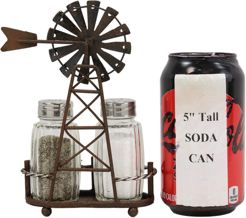 Ebros 6.5" Tall Rustic Country Farm Windmill Salt And Pepper Shakers Holder Display Stand Set in Aged Bronze Finish