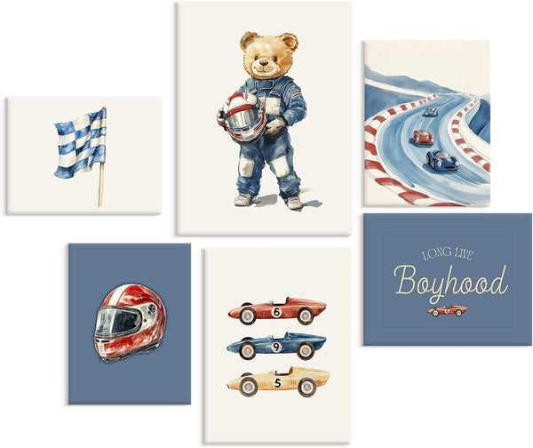 Pouydmi Nursery Race Car Wall Art Boys Room Canvas Wall Decor Vintage Nursery