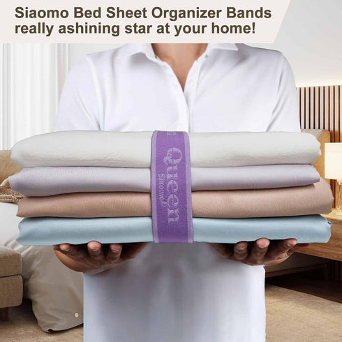 Bed Sheet Organizer Bands: Elastic Storage Size Marking Straps for Organizing Linen Closet (Queen 4PCs | Purple)