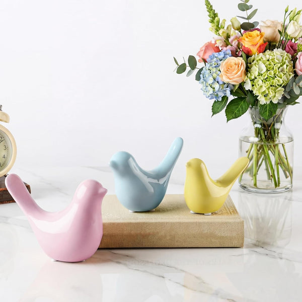 AceOrbit 3 Pcs Spring Small Animal Statues Pink Birds Decor Pastel Color Sculpture