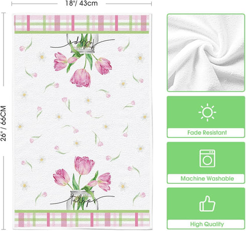 18x26 Inch Set 2 Artoid Mode Tulip Buffalo Plaid Flowers Spring Kitchen Towels Dish Towels, Seasonal Floral Decoration