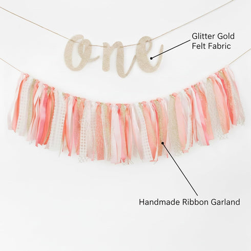 1st Set PapaKit Girls Birthday High Chair Premium Decoration - Pink & Gold Ribbon Garland, Crown, One Banner & Cake