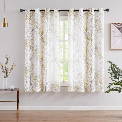 FMFUNCTEX Linen Semi Sheer Curtains - Yellow White 45 Inches Long for Bedroom, Grey Tree Branch Print