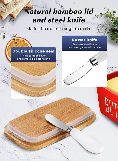 Large Butter Dish with Lid for Countertop, Ceramic Keeper with Knife, Perfect for 2 Sticks of Butter, Red