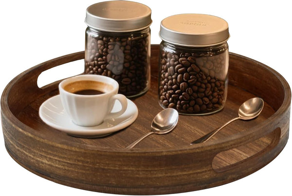 Hodeframe Round Decorative Tray,Wooden Serving Tray with Handles, 11.8in Vintage Brown Decorative Trays