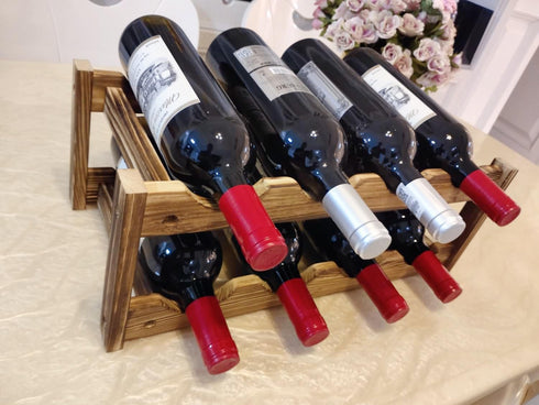 Easy-Install 8-Bottle Wine Rack - Premium Carbonized Pine Wood, Two-Tier Design for Countertop, Home Kitchen Pantry