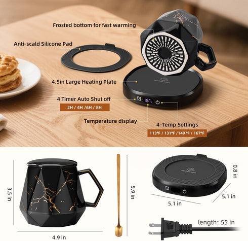 Set, 4 8 Coffee Mug Warmer & Unique Marbling Mug Smart Heated Electric Cup Warmer for Desk Office, Temperature Control