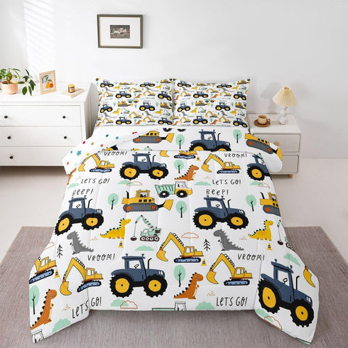 Kids Excavator Comforter Set Full, Cartoon Equipment Trucks Bedding for Boys Girls