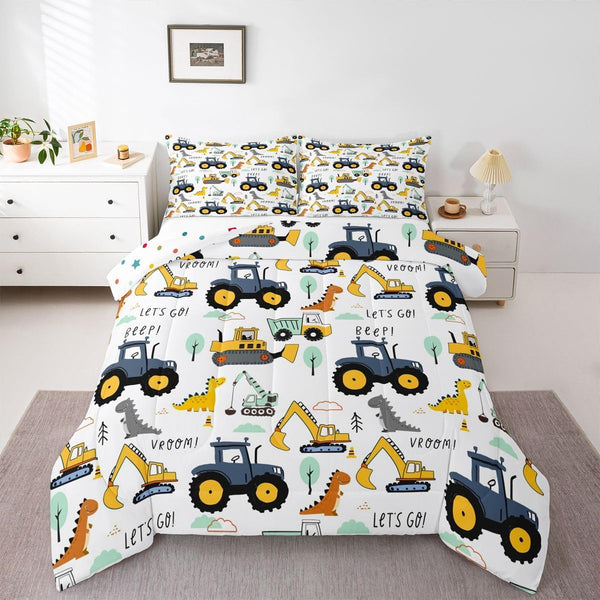 Kids Excavator Comforter Set Full, Cartoon Equipment Trucks Bedding for Boys Girls