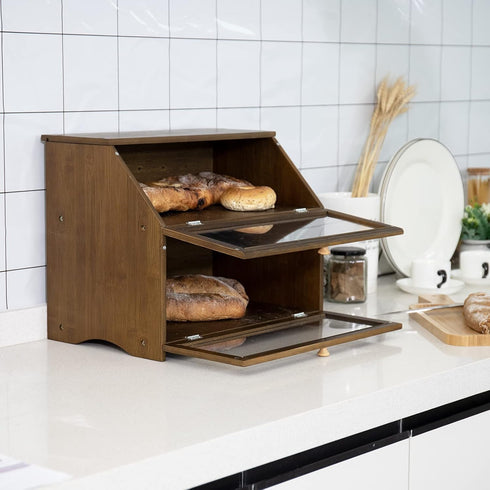 Counter, HOMEKOKO Double Layer Large Bread Box for Kitchen Wooden Large Capacity Bread Storage Bin (Brown)