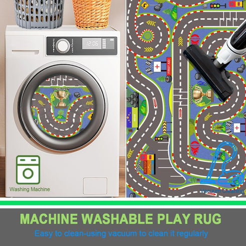 4731 3D Kids Rug, Race Track Playmat Rugs in Kids Carpet with Rubber Backing, Start and Finish line Racing Track