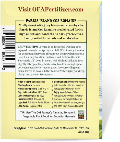 The Old Farmer's Almanac 1800 Heirloom Romaine Lettuce Seeds (Parris Island Cos) - Approx Seeds - Non-GMO, Open