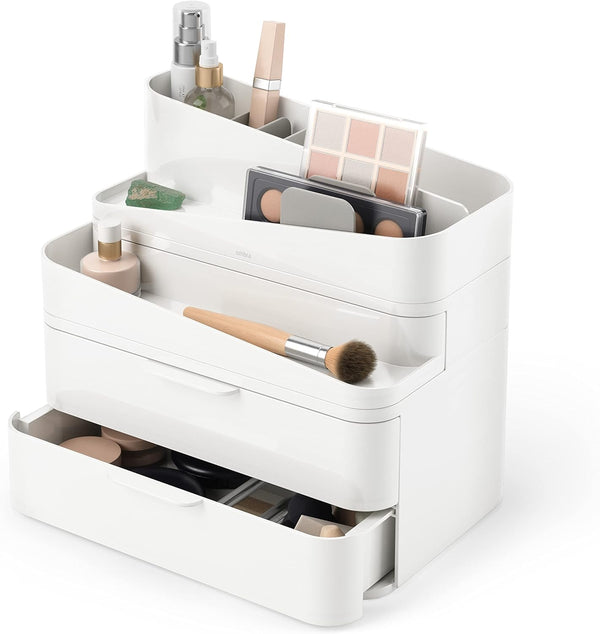 Umbra Glam Organizer, Large Makeup Organizer with Three Drawers, Rubber Feet and Removable Dividers, White/Grey