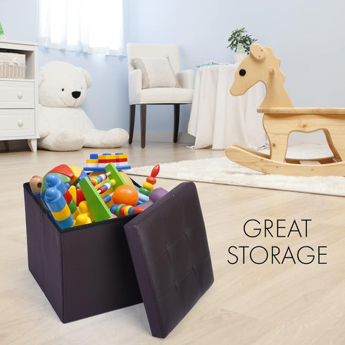 Ottoman,13x12x12 inch LotFancy Storage Ottoman Cube, Brown Foot Stool Square Ottoman with Lid, Faux Leather Seat