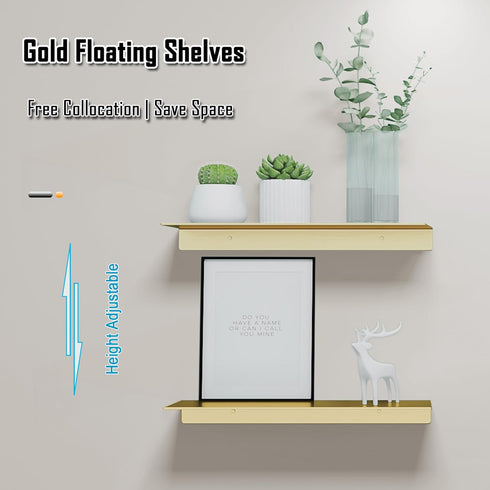 Set 2, HNVNER Metal Floating Shelves, of Brushed Gold Wall Shelves Picture Ledge, Shower Caddy Wall Mounted, Decorative