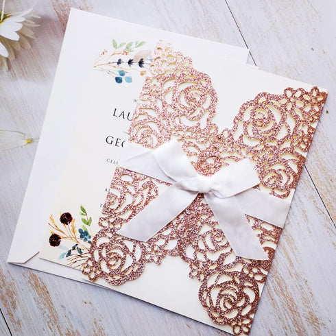 20PCS Laser Cut Wedding Invitations Cards 5 x 7.28 with Hollow Rose and Ivory Ribbons for Bridal Shower
