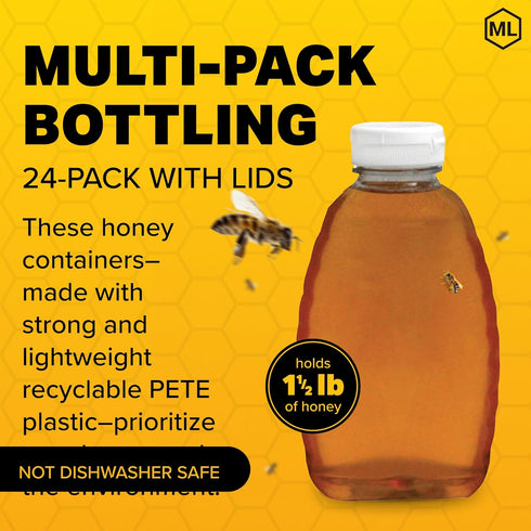 24-Pack, 1.5 lb Mann Lake Honey Squeeze Bottle, Easy Honey Dispensing, Durable, White Flip-Top Lids Included