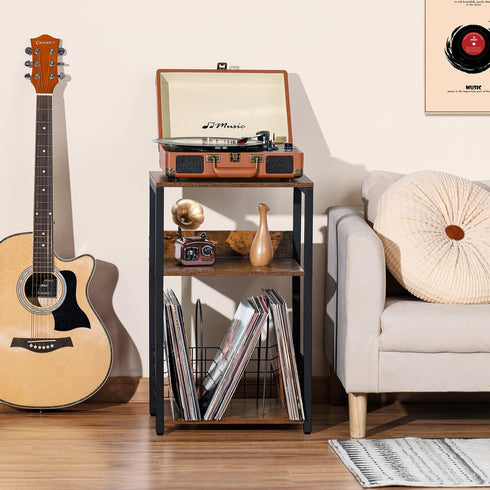 LELELINKY 3 Tier End Table, Record Player Stand with Storage for Up to 100 Albums, Turntable Stand for Vinyl, Brown