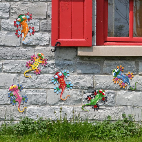 YEAHOME 6 Pack Metal Geckos Inspirational Wall Art, Mexican Outdoor Decor for Farmhouse, Porch, Lawn, Fence