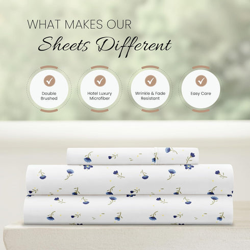 Linen Market Double-Brushed Microfiber Twin Sheet Set, 3 Piece, Oeko-TEX Certified, Soft Floral Light Blue