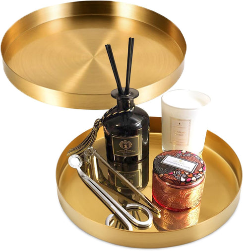 Jucoan 2 Pack 8 Inch Round Gold Tray, Decorative Small Vanity Tray for Bathroom Storage, Jewelry, Food, Candle