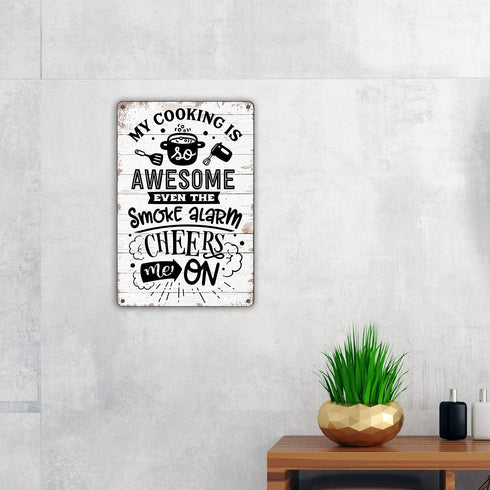 QIONGQI Funny Kitchen Quote Metal Tin Sign, My Cooking is Awesome Retro Wall Decor for Home Kitchen