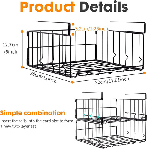 Under Shelf Storage Baskets, 2 Pack Foldable Carbon Steel Baskets for Kitchen Cabinets & Pantries