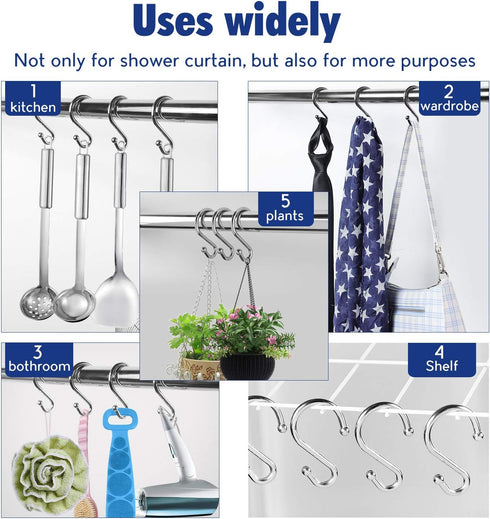 Metal Shower Curtain Hooks - Set of 12 Rust Resistant S Shaped Rings for Shower Curtains, Kitchen Utensils, Chrome