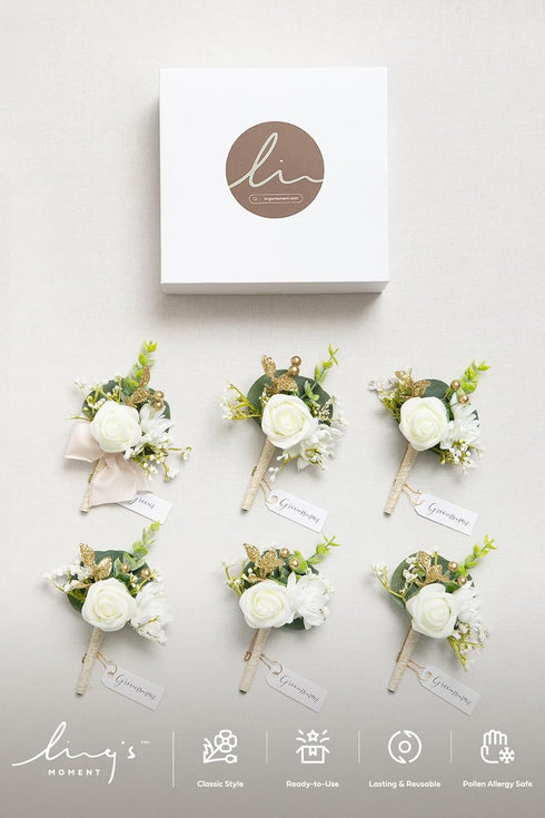 Ling's Moment 6pcs Boutonniere for Men, Artificial Flowers for Wedding Decor, White Baby Breath Ivory