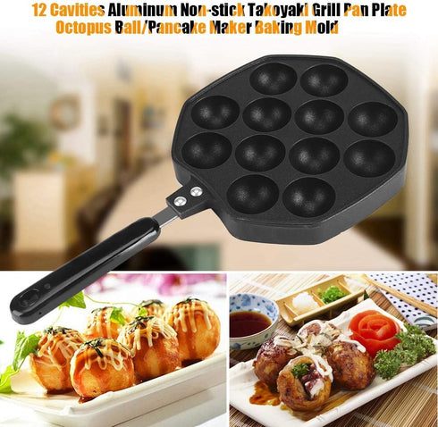 Junluck Non-Stick Pancake Pan, 12 Cavities Aluminum Baking with Plastic Handle, Grill Pan Plate for Takoyaki