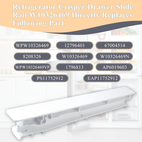 W10326469 Center Drawer Slide Rail for Whirlpool Refrigerator, Replaces 67004514, 8208326, wpw10326469