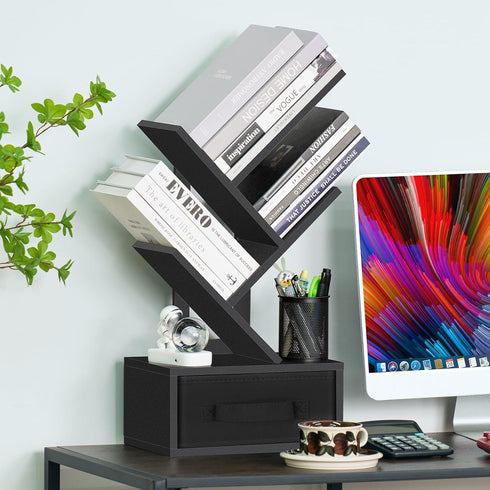 Small Book Shelf with Drawer, 4 Tier Black Tree Bookshelf, Wooden Desktop Bookcase for Living Room, Bedroom, Office