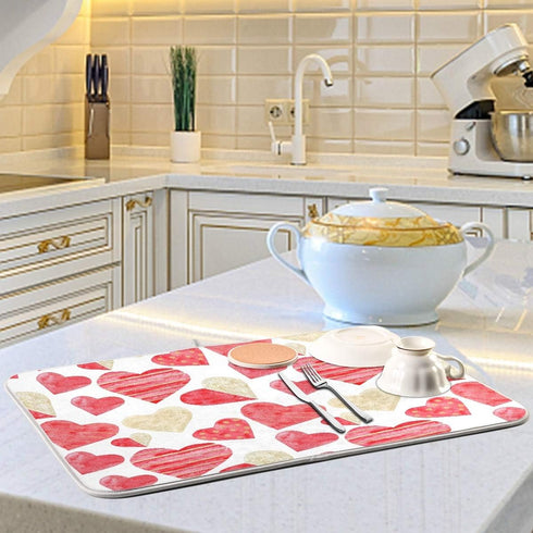 Red Gold Watercolor Hearts Love Dish Drying Mat 16x18 for Kitchen, Valentine's Day Love Flowers Dishes Pad Dish Drainer