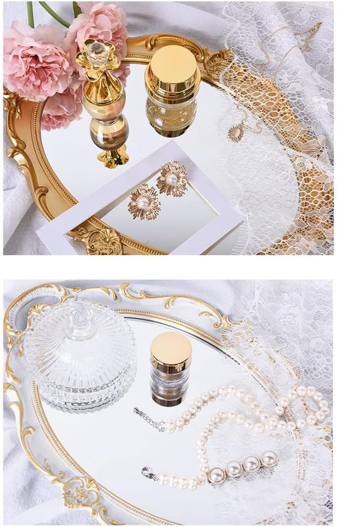 Sooyee White and Gold Mirror Decorative Tray for Bathroom Vanity, Dessert & Coffee Table, Home Decor with Handle