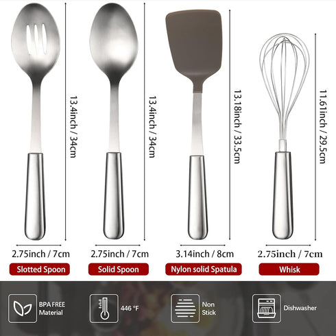 Stainless Steel Cooking Utensils Set, 4-piece Kitchen Utensil Set with Stainless Steel Handles, Dishwasher Safe, Non-Stick and Heat Resistant, Whisk, Spoons, Spatula for Cooking -JJ02629 by CuCut