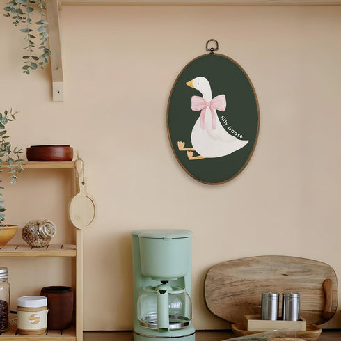 8.6x11.4 Inch LKETW Coquette Pink Bow Silly Goose Oval Wall Art Decor, Dark Green Goose Oval Canvas Hanging Decor