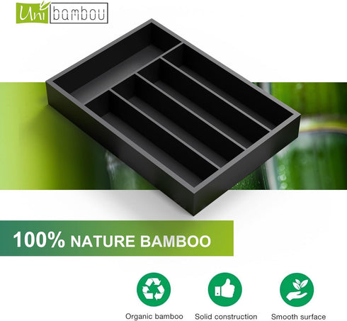 Bamboo Kitchen Drawer Organizer, Silverware Tray with Wood Holder for Flatware Cutlery, 5 Slot, Black
