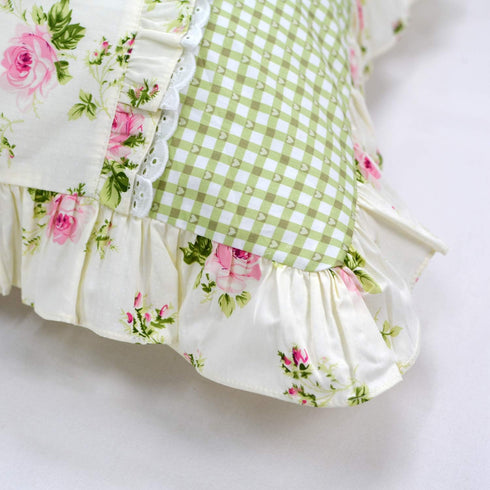 FADFAY Farmhouse Style Pillowcases, Pink Rosetta Printed Gold with Green Plaid, 100% Cotton Vintage Lace Ruffles