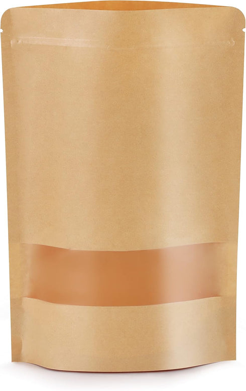 100pcs Kraft Bags with Window, 3.5x5.5 Inches, Brown Reusable Zip Lock Food Storage Pouches