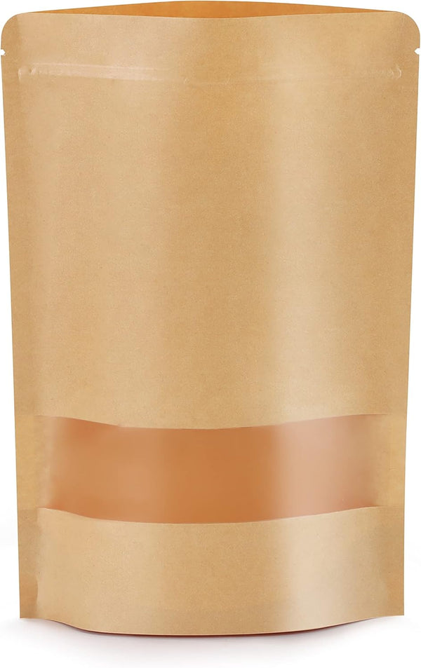 100pcs Kraft Bags with Window, 3.5x5.5 Inches, Brown Reusable Zip Lock Food Storage Pouches