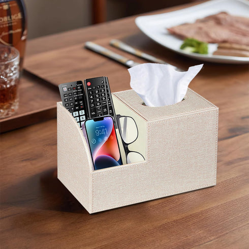 PU Leather Square Tissue Box Cover, Multi-Functional Holder for Tissue and Remote Control Storage