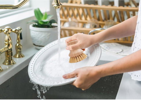 HIC Harold Import Co. Kitchen Dish Pan Scrub Brush, Natural Bristle, Non-Scratch Tampico Bristles, Wooden Handle