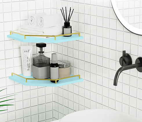 2-Tier 9.5-inch Tirzah Blue Wall Mount Corner Shelf with Gold Metal Guardrail, Diamond-Shaped Wood Corner Floating