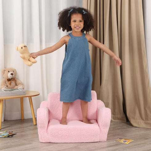 2-in-1 Comfy Toddler Chair, Toddler Couch Fold Out, Convertible Sherpa Sofa to Lounger for Boys & Girls, Pink