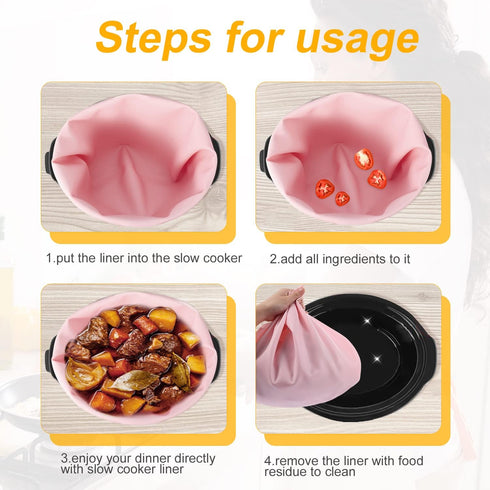Silicone Slow Cooker Liner for 6-8 Quart Crockpot, Reusable Heat Resistant Liner Bag for Oval or Round Pots (Pink)