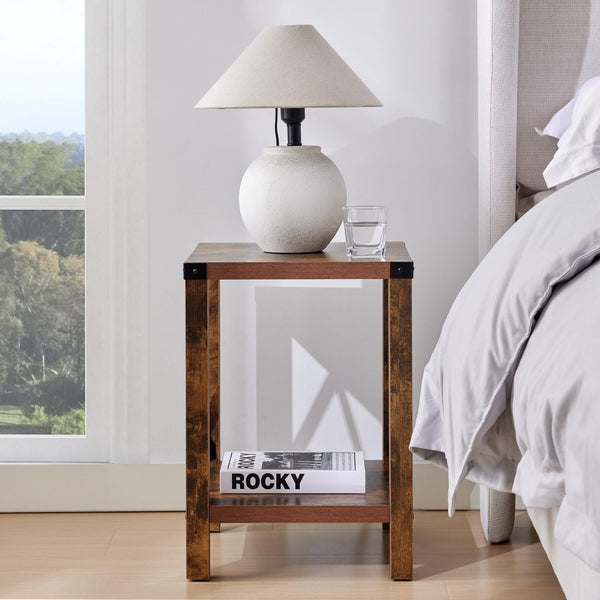 Brown Farmhouse Nightstand, Rustic End Table for Living Room, Bedroom