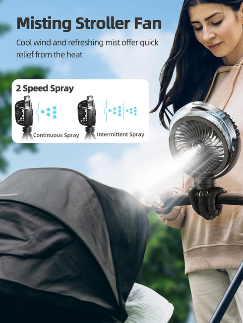 Wavmill 6000mAh 360 Misting Stroller Fan, Battery Operated Portable Fan with Light & Pivoting, Personal Fans