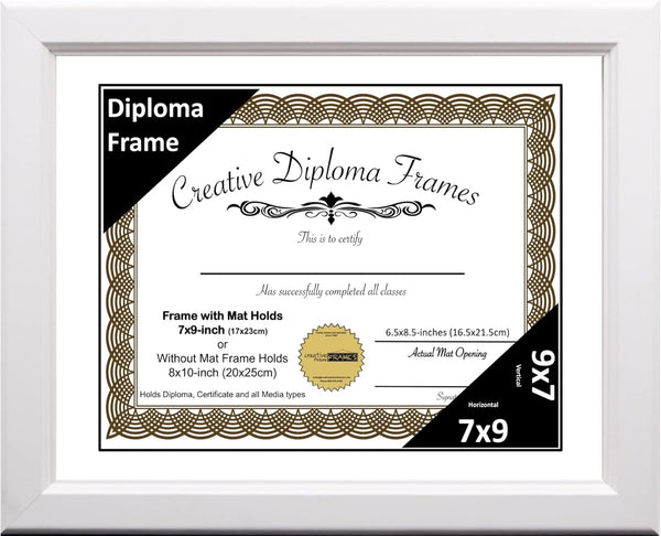 Creative 7x9 White Diploma Frame with Glass Easel, Wall Hangers, Holds 10x12 Media without Mat